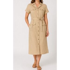 Talbots Safari Shirt Dress Womens 8P Tan Linen Blend Belted‎ Utility Midi
